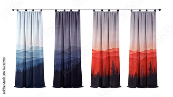 Obraz Gradient Landscape Curtain Panels with Mountain and Forest Silhouettes in Blue, Gray, and Red Tones
