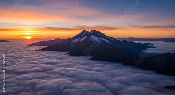 Fototapeta Breathtaking mountain landscape with a fiery sunset over the valley and high peaks under a dramatic, cloudy sky
