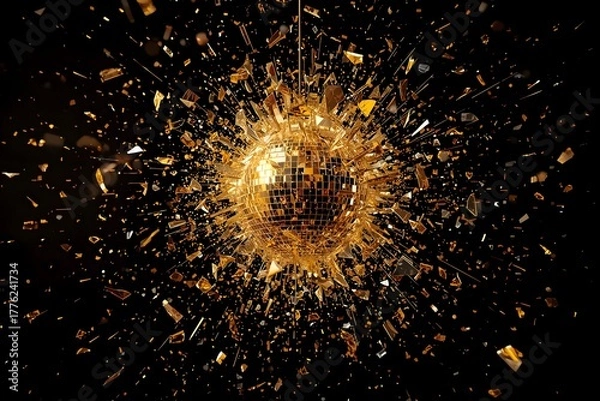 Fototapeta Golden disco mirror ball breaking into fragments.