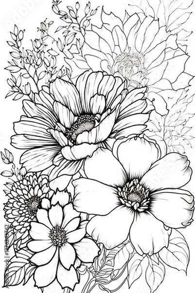 Fototapeta Windflower Anemone – Lineart Coloring Page on White