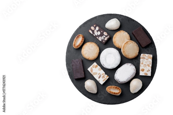 Obraz Traditional Spanish Christmas sweets assortment isolated on white background. Top view. Copy space