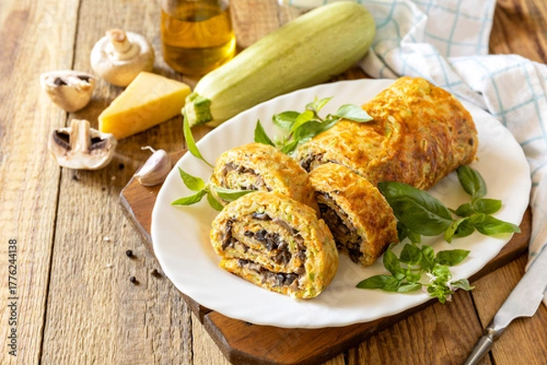 Fototapeta Zucchini roll with mushroom filling and herbs served on a white plate on a rustic table.