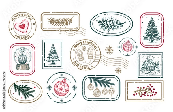 Fototapeta Christmas Stamps, tree, toy, set, Hand drawn illustration	
