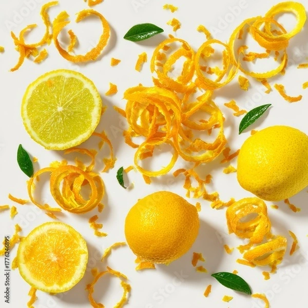 Fototapeta flat lay of lemon and orange zest curls, aromatic garnish scene, photorealistic rendering, isolated on white background