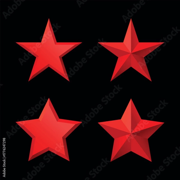 Fototapeta Set of red Christmas 3d three-dimensional Star glossy bright shine five angle star shape isolated on black Background collection. Icon for holiday design element.