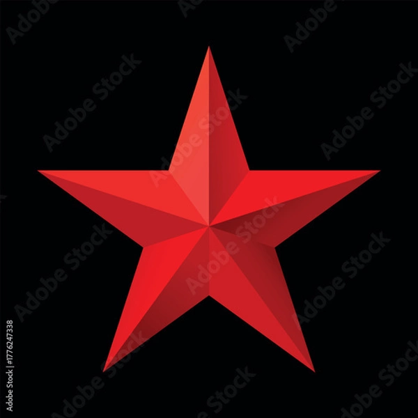 Fototapeta Red Christmas 3d Star glossy bright shine five angle star shape isolated on black Background. Icon for holiday design element.