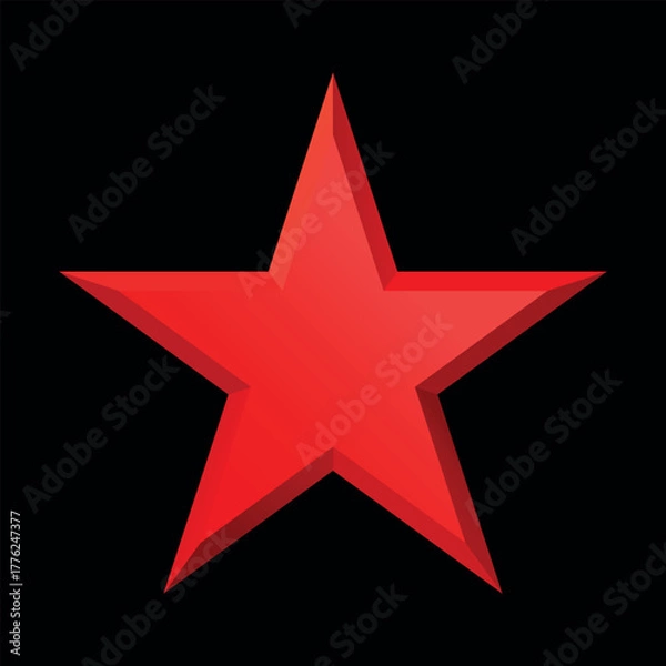 Fototapeta Red Christmas 3d Star glossy bright shine five angle star shape isolated on black Background. Icon for holiday design element.