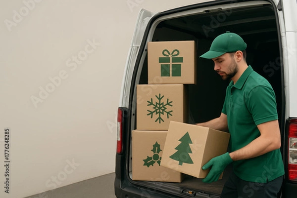 Obraz Focused man in green uniform handling christmas holiday logistics loading box into delivery van for seasonal shipping work