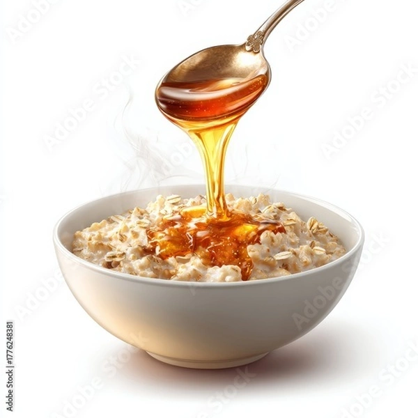 Fototapeta maple syrup mixing into oatmeal with steam rising, warm breakfast prep, photorealistic realism, isolated on white background