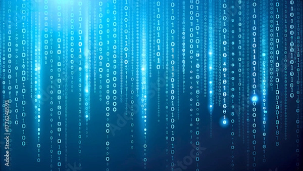 Fototapeta Blue glowing binary code rain background. Futuristic matrix style with data stream, abstract computer system, digital tech effect and cyber security information pattern. Vector illustration	
