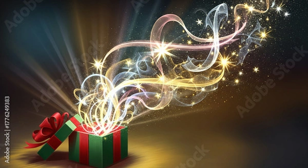 Obraz Festive gift box with red bow emitting light trails and stars in a magical, fantasy style against a dark background, conveying a celebratory mood.