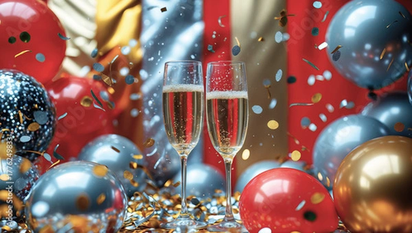 Obraz Champagne Glasses with Balloons and Confetti in a Festive Celebration