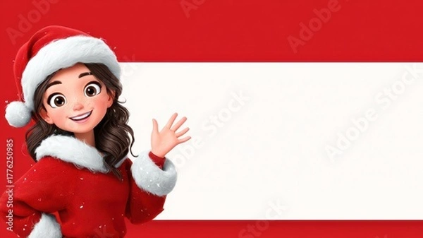 Obraz Cheerful Young Girl in Santa Hat and Red Sweater Smiles and Waves Against a Festive Red Background