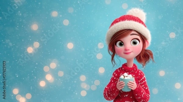 Fototapeta Cheerful Girl in Red Sweater Holding a Hot Drink Against a Snowy Blue Background