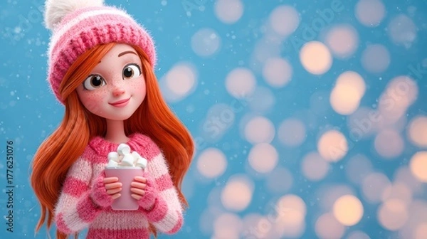 Fototapeta Girl With Red Hair Holding Hot Cocoa in a Cozy Winter Scene With Soft Bokeh Lights