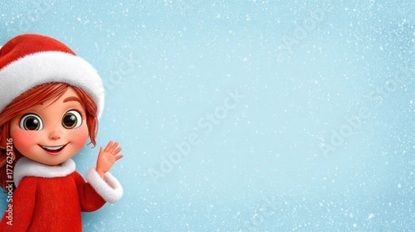 Fototapeta Cheerful Girl in a Red Christmas Outfit Waves Against a Snowy Background During Winter Festivities