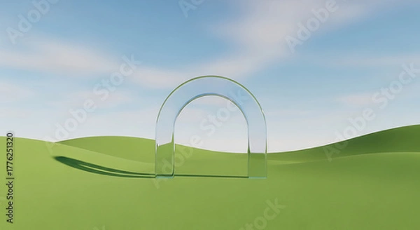 Obraz Surreal Landscape with Transparent Glass Arch on Rolling Green Hills under Clear Blue Sky for Design Inspiration, 4K image 