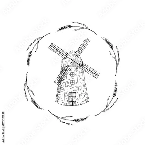 Fototapeta Vector arrangement with windmill, fabric canvas bag for food or delivery. Graphic ink bag with flour, ear of wheat, grain illustration isolated on background. Hand drawn line sketch. For designers, pr