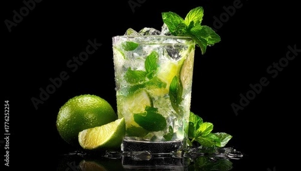 Fototapeta Refreshing Mojito Cocktail in a Glass with Ice and Mint.