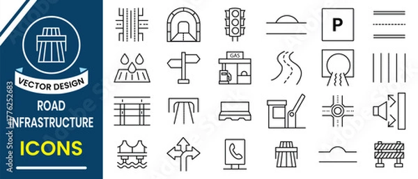 Fototapeta Road Infrastructure icon set. Set of 24 outline icons related to road infrastructure.  Street, Traffic, Transport, Sign, Map, Urban, Parking, Direction icon. Vector illustration.