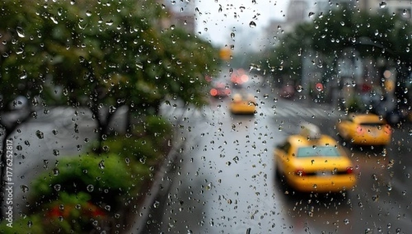 Fototapeta Rainy City Street View Through a Window.
