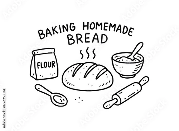 Obraz handdrawn cute doodle style baking homemade bread vector line illustration
