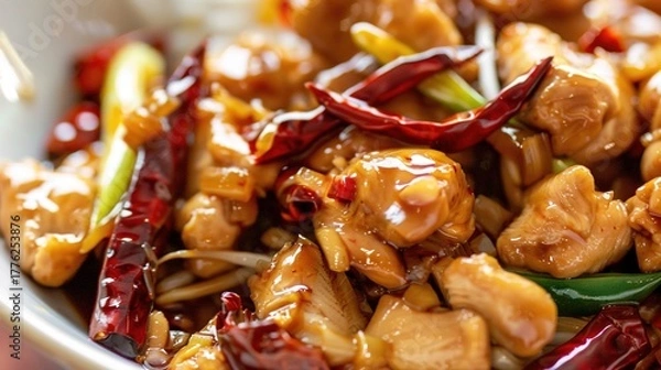 Obraz Fresh and delicious food displayed on a clean plate, including colorful vegetables, tender meat, and ripe fruits. The appetizing food is arranged neatly, highlighting its freshness, taste