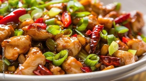 Obraz Fresh and delicious food displayed on a clean plate, including colorful vegetables, tender meat, and ripe fruits. The appetizing food is arranged neatly, highlighting its freshness, taste