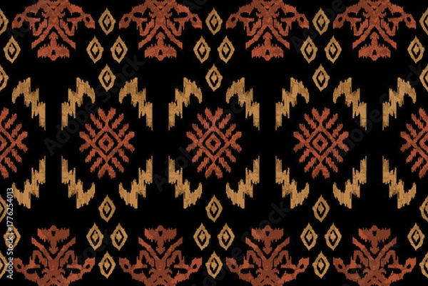 Obraz Brown Geometric Tribal Ikat Pattern on Black Background. Motifs African boho paisley Floral Ikat embroidery border. Ethnic ikat floral Ethnic Indian Pattern. perfect for fabric prints, wallpapers
