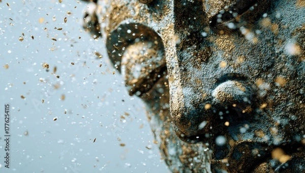 Fototapeta Water splashing on a weathered bronze statue head.