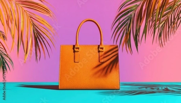 Fototapeta Orange Leather Tote Bag Against a Vibrant Background with Palm Leaves.