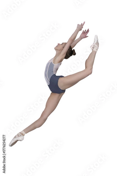 Fototapeta ballerina with beautiful feet poses in a photo studio, a ballerina in a leopard shows a vertical split in a jump