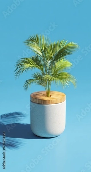 Fototapeta Palm Tree in Modern Planter Against a Blue Background.