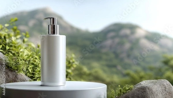 Fototapeta Elegant White Lotion Bottle on a Nature Background.