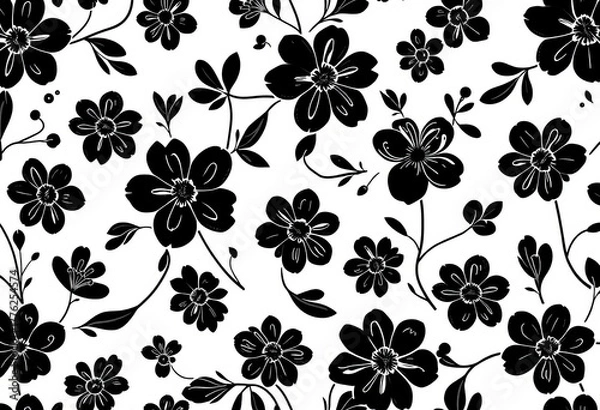 Fototapeta Abstract black floral seamless pattern, vector illustration White background, nature, dark