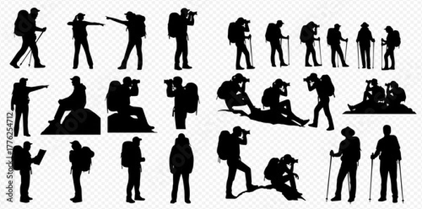 Fototapeta Collection of black silhouettes depicting hikers and photographers in various poses, carrying backpacks and using trekking poles or cameras during outdoor adventures.