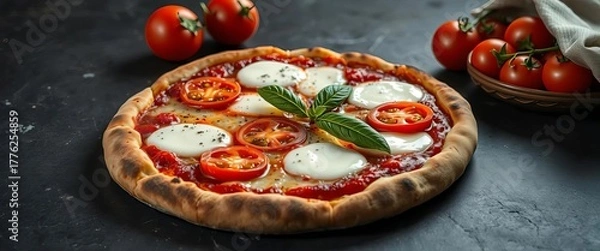 Fototapeta A rustic Italian Margherita pizza, bubbling mozzarella and ripe tomatoes on a dark stone surface,  stone,  recipe