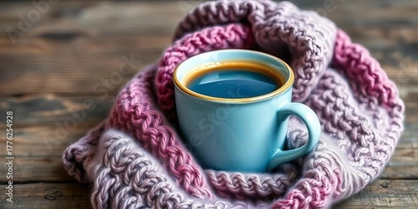 Fototapeta A steaming cup of classic blue coffee, cozy knitted scarf draped over it, rests on rustic wood,  element,  design
