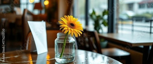 Fototapeta Close-up of a single yellow flower in a glass jar on a rain-misted restaurant table,  still life,  water droplets