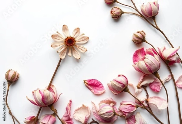 Fototapeta Delicate dried flower, bleached petals, stark white backdrop , dried blooms, rustic
