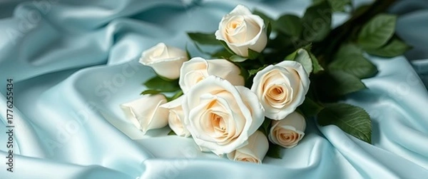 Fototapeta Delicate white roses nestled on soft light blue silk Ample copy space, background texture, bridal