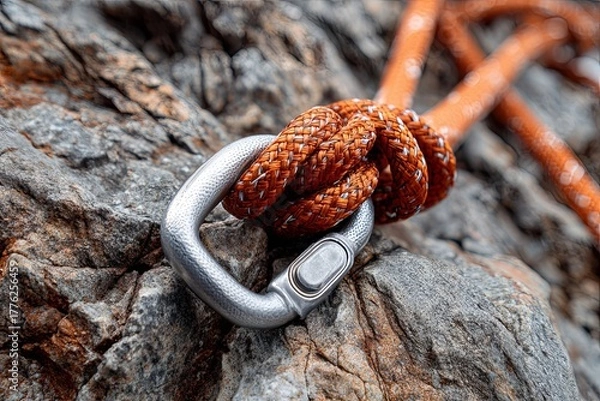 Fototapeta Climbing rope securely fastened to a metal safety clip against a rugged stone surface