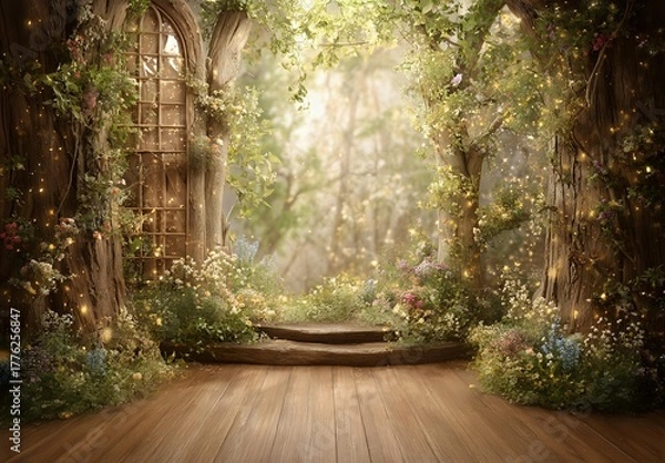 Fototapeta Enchanted garden archway with wooden floor, overgrown with lush greenery and wildflowers, creating magical atmosphere for fantasy photography backdrop.