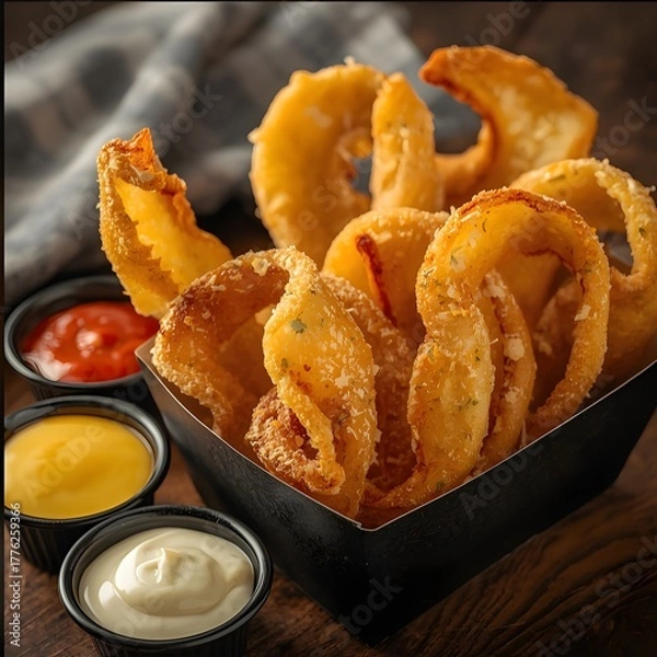 Obraz Close-up of a serving of breaded onion rings with sauce
