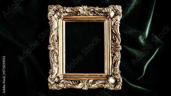 Fototapeta baroque. Ornate golden frame on dark velvet, showcasing intricate baroque details and luxurious texture. event programs, museum guides, designed for cultural heritage projects and event programs.