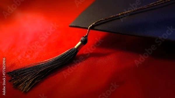 Fototapeta scholar. A graduation cap with a tassel, isolated on a solid red background. event programs, museum guides, designed for cultural heritage projects and event programs, preserves heritage.