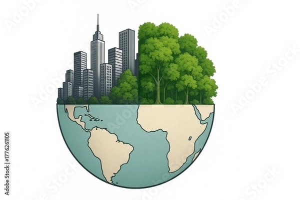 Fototapeta Half globe with city skyline and forest representing urban and natural environments
