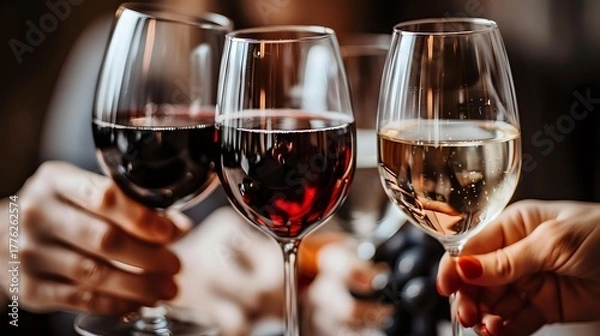 Fototapeta Glasses of red and white wine clinking in celebration toast, close-up view with warm ambient lighting creating romantic mood for special occasions.