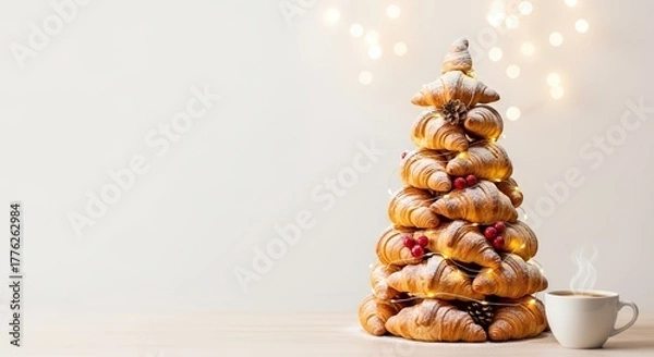 Obraz Christmas tree made of fresh baked croissants and cup of coffee nearby. Light festive background with copy space. Holiday banner for bakery and pastry shop. Christmas morning breakfast