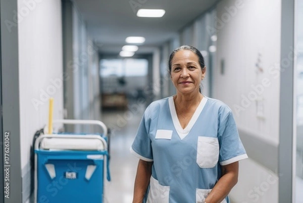 Fototapeta A mature woman janitor in a light blue uniform stands beside a blue cleaning cart in a bright corridor of a modern building with soft background blur